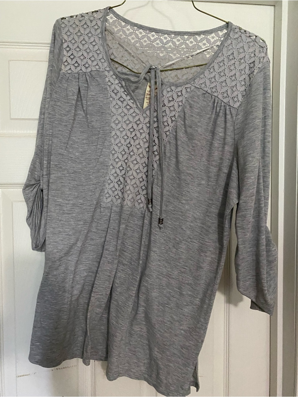 Faded Glory Gray Lace Yoke Tie-Neck Tunic
